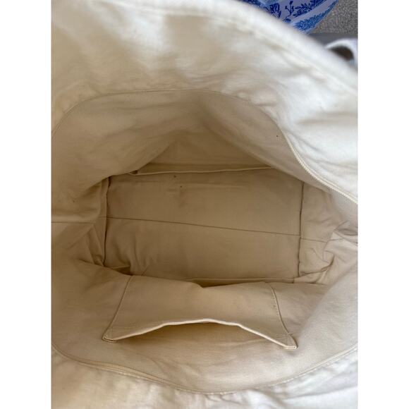 Retired Pottery Barn Large Canvas Tote Boat Bag Stripes Zipper Closer Red Cream - Picture 13 of 16